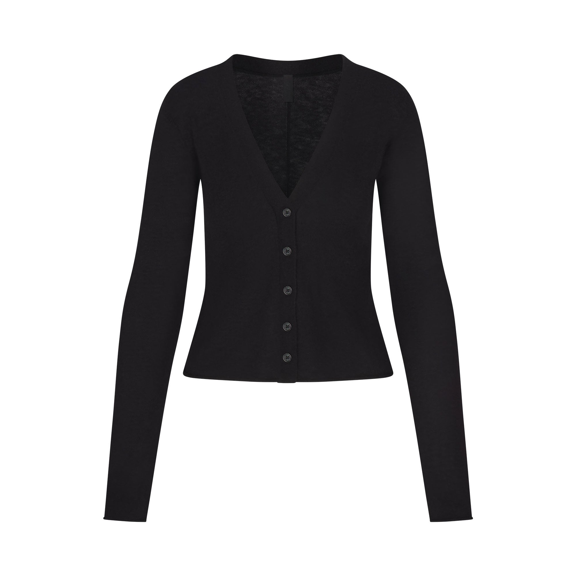 FEATHERWEIGHT CASHMERE CARDIGAN | ONYX FLAT ON A WHITE BACKGROUND | FLT