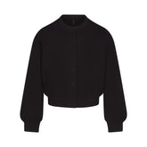 COTTON FLEECE SHRUNKEN CARDIGAN | ONYX & LAYS FLAT ON A WHITE BACKGROUND | FLT