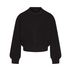 COTTON FLEECE SHRUNKEN CARDIGAN | ONYX & LAYS FLAT ON A WHITE BACKGROUND | FLT