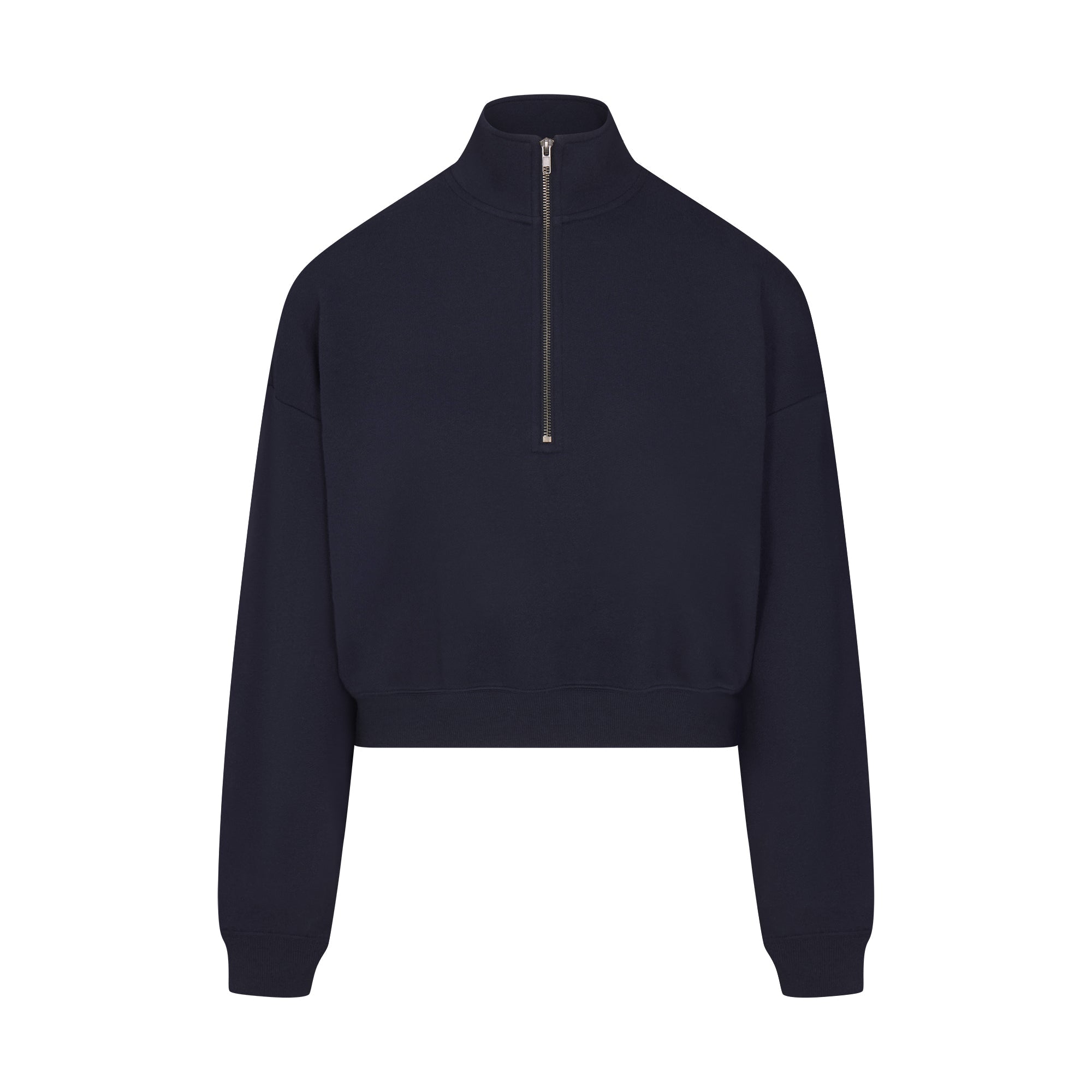 DRAPEY FRENCH TERRY HALF ZIP | NAVY FLAT ON A WHITE BACKGROUND | FLT