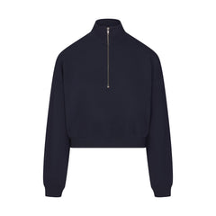 DRAPEY FRENCH TERRY HALF ZIP | NAVY FLAT ON A WHITE BACKGROUND | FLT