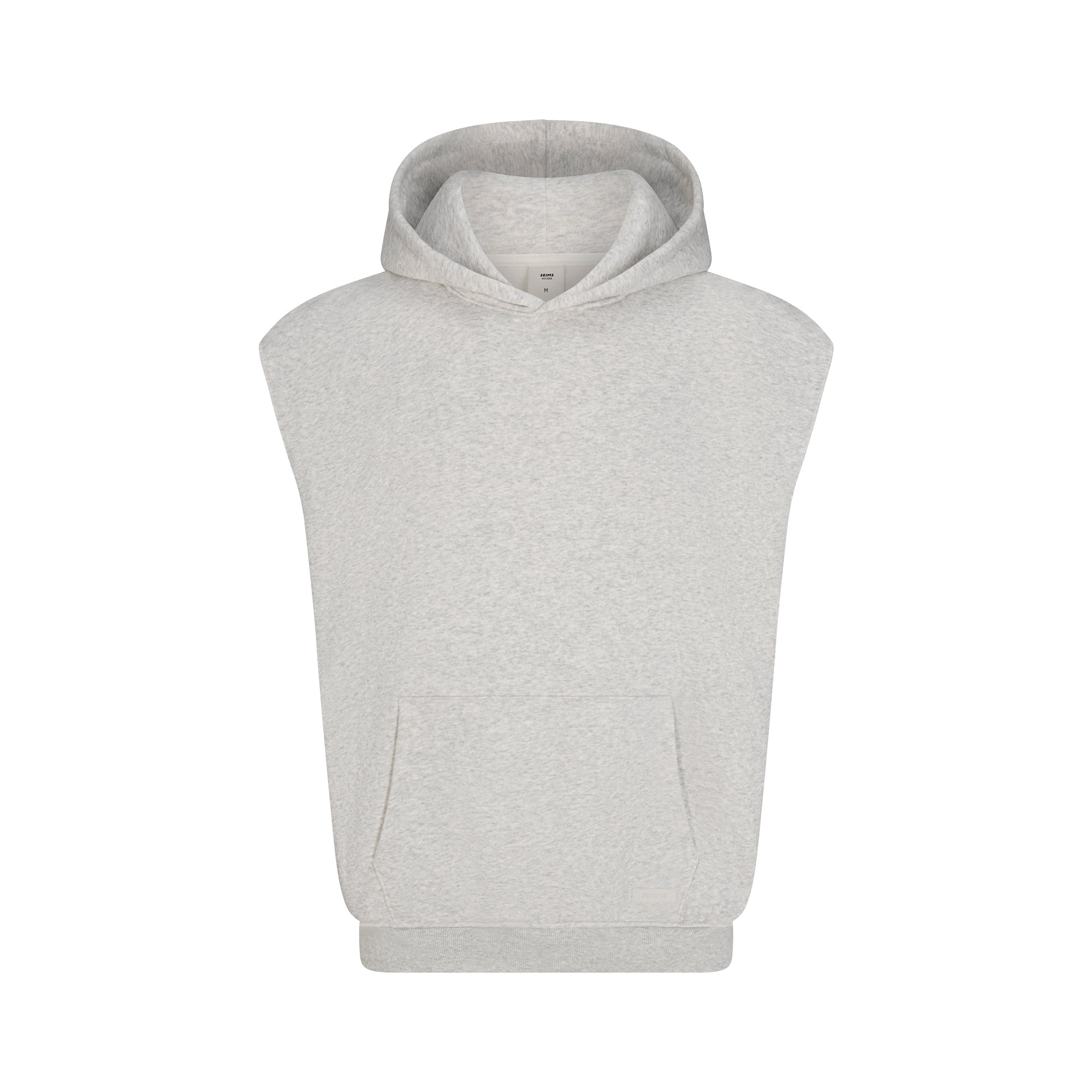 FLEECE LOUNGE MENS SLEEVELESS HOODIE | LIGHT HEATHER GREY FLAT ON A WHITE BACKGROUND | FLT