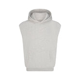 FLEECE LOUNGE MENS SLEEVELESS HOODIE | LIGHT HEATHER GREY FLAT ON A WHITE BACKGROUND | FLT