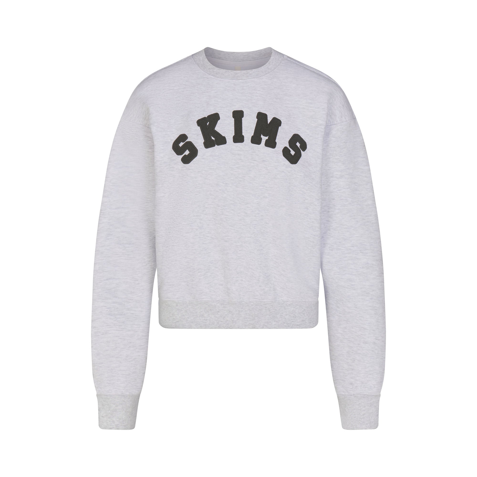 COTTON FLEECE CLASSIC CREWNECK | LIGHT HEATHER GREY WITH ONYX LOGO FLAT ON A WHITE BACKGROUND | FLT