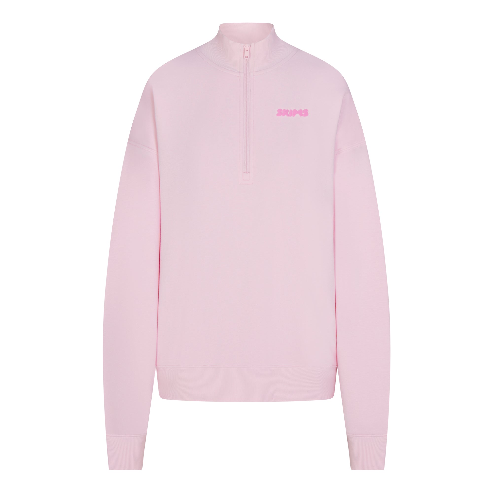 COTTON FLEECE MOCK NECK QUARTER ZIP WITH EMBOSSED LOGO | CHERRY BLOSSOM FLAT ON A WHITE BACKGROUND | FLT