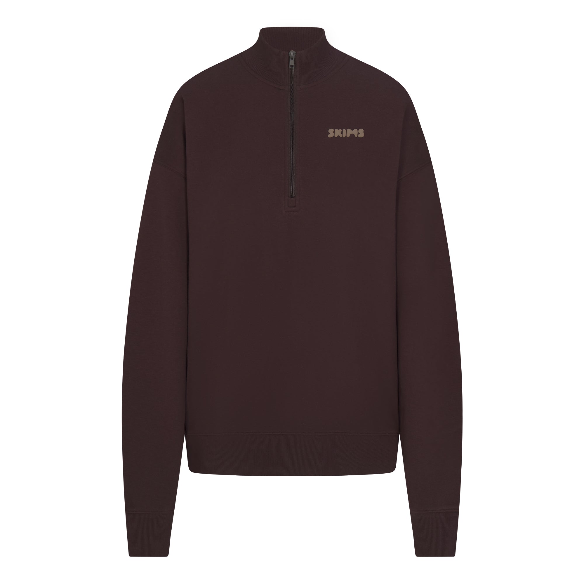 COTTON FLEECE MOCK NECK QUARTER ZIP WITH EMBOSSED LOGO | ESPRESSO FLAT ON A WHITE BACKGROUND | FLT
