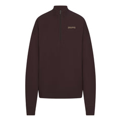 COTTON FLEECE MOCK NECK QUARTER ZIP WITH EMBOSSED LOGO | ESPRESSO FLAT ON A WHITE BACKGROUND | FLT