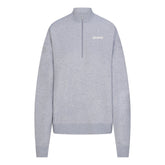 COTTON FLEECE MOCK NECK QUARTER ZIP WITH EMBOSSED LOGO | HEATHER GREY FLAT ON A WHITE BACKGROUND | FLT