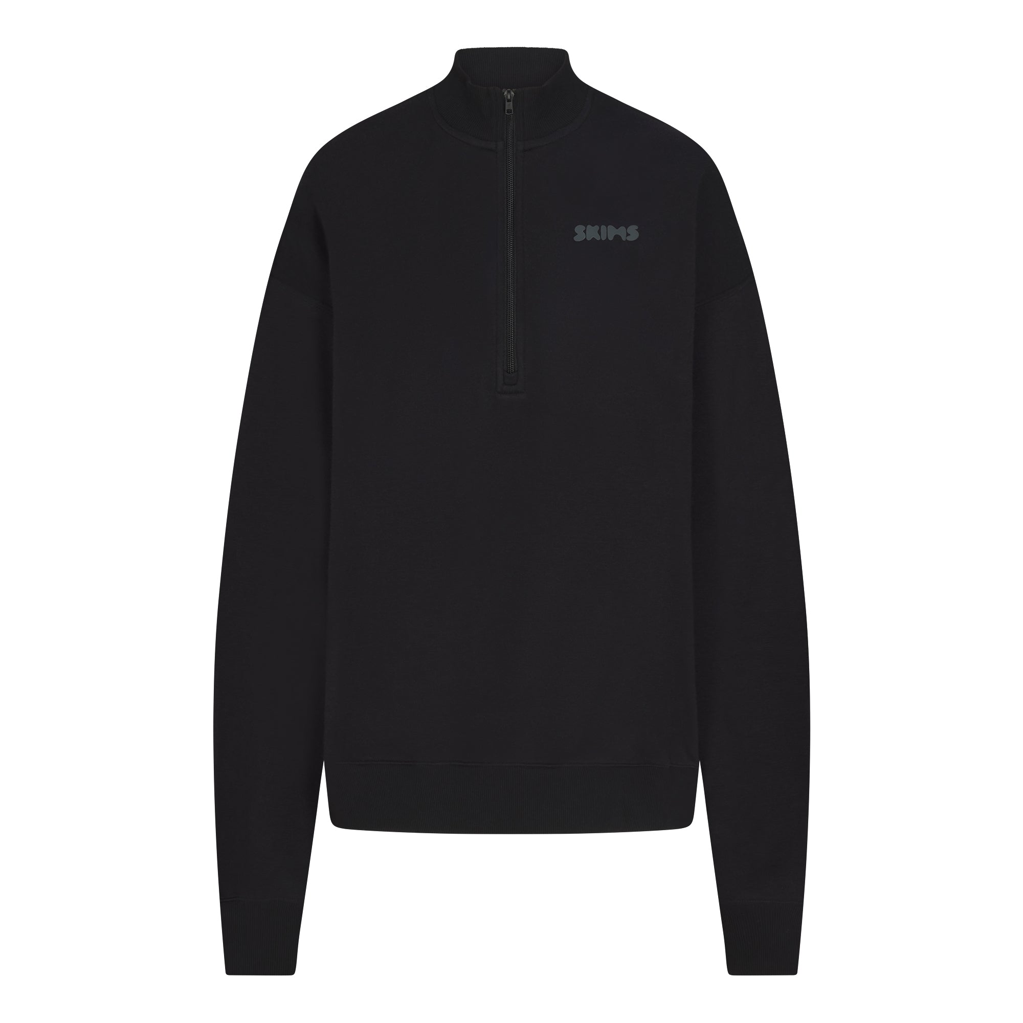 COTTON FLEECE MOCK NECK QUARTER ZIP WITH EMBOSSED LOGO | ONYX FLAT ON A WHITE BACKGROUND | FLT