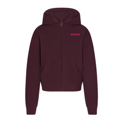 COTTON FLEECE ZIP UP HOODIE WITH EMBOSSED LOGO | CURRANT FLAT ON A WHITE BACKGROUND | FLT