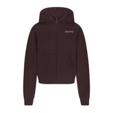 COTTON FLEECE ZIP UP HOODIE WITH EMBOSSED LOGO | ESPRESSO FLAT ON A WHITE BACKGROUND | FLT