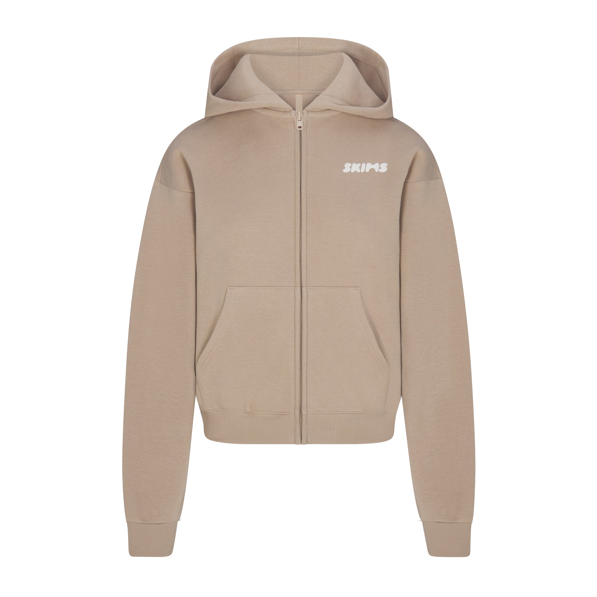 COTTON FLEECE ZIP UP HOODIE WITH EMBOSSED LOGO | LATTE FLAT ON A WHITE BACKGROUND | FLT