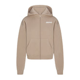 COTTON FLEECE ZIP UP HOODIE WITH EMBOSSED LOGO | LATTE FLAT ON A WHITE BACKGROUND | FLT