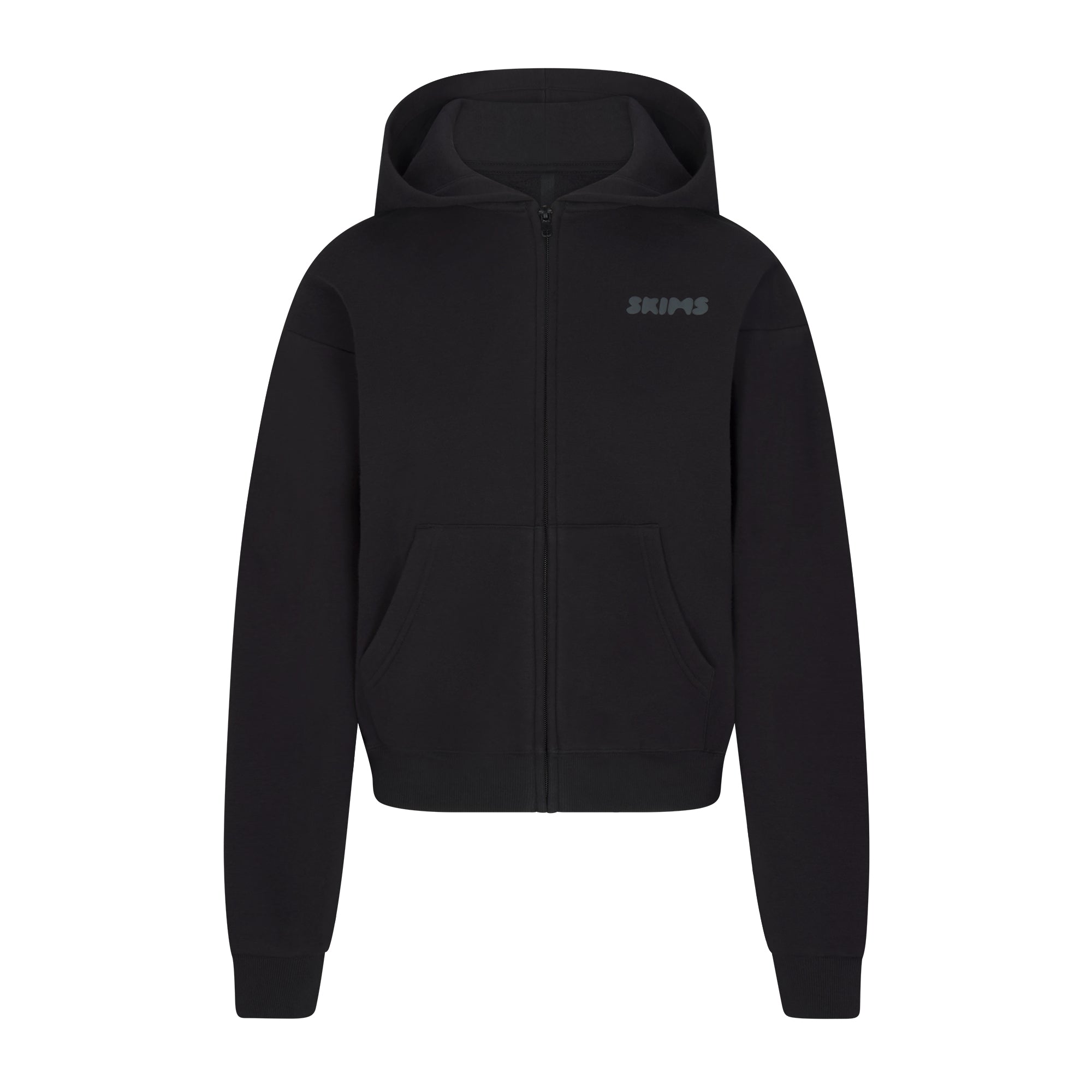 COTTON FLEECE ZIP UP HOODIE WITH EMBOSSED LOGO | ONYX FLAT ON A WHITE BACKGROUND | FLT