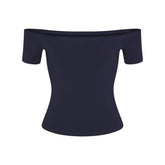 COTTON JERSEY OFF THE SHOULDER TOP | NAVY FLAT ON A WHITE BACKGROUND | FLT