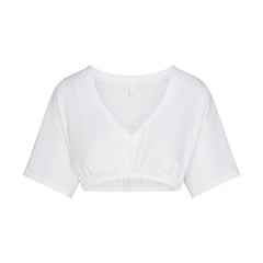 WORN IN JERSEY SUPER CROPPED V-NECK T-SHIRT | SNOW FLAT ON A WHITE BACKGROUND | FLT