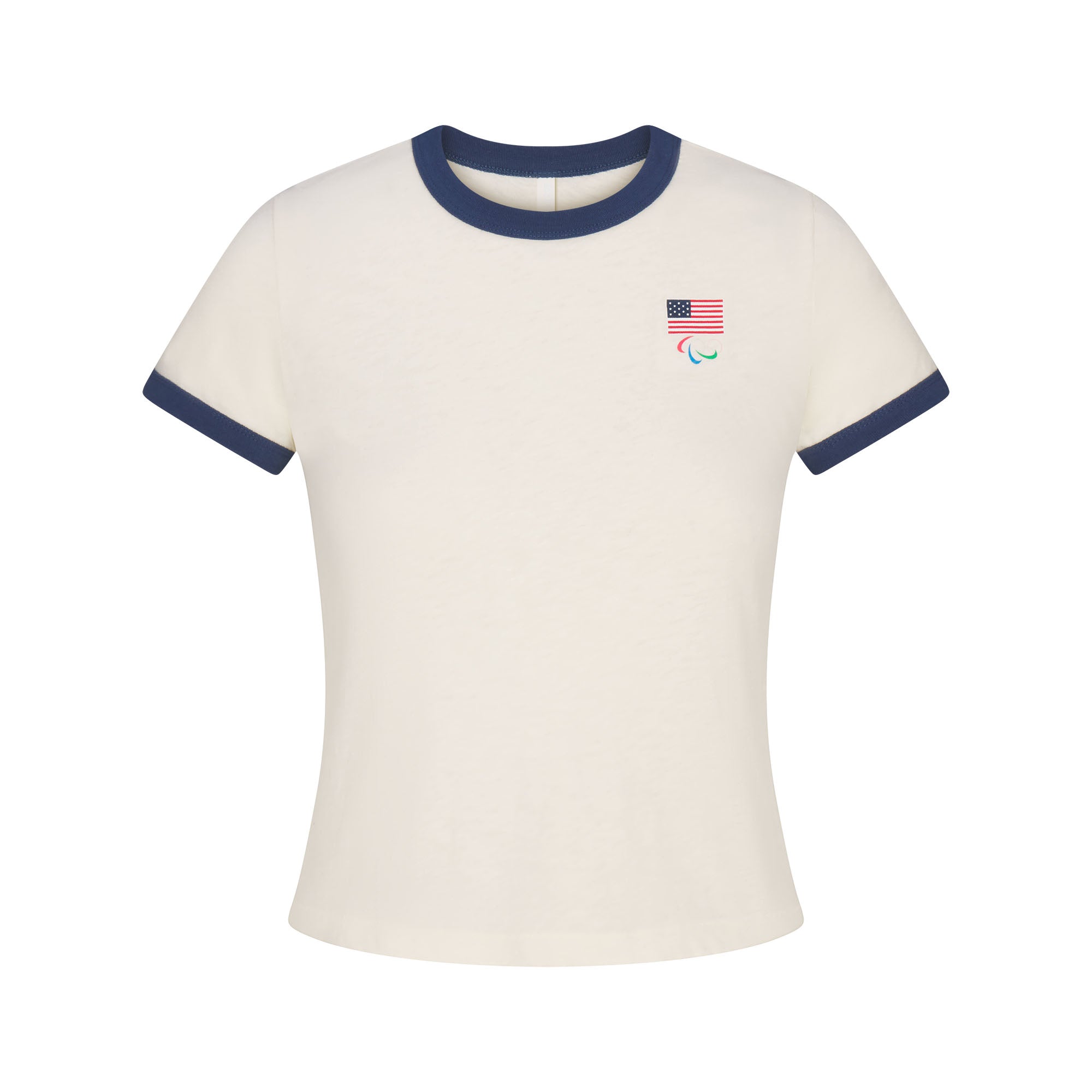 SKIMS FOR TEAM USA WORN IN JERSEY PARALYMPIC SHRUNKEN T-SHIRT | ECRUFLAT ON A WHITE BACKGROUND | FLT