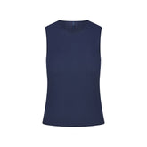 FEATHERWEIGHT CASHMERE SLEEVELESS TOP | INDIGO FLAT ON A WHITE BACKGROUND | FLT