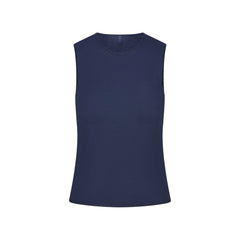 FEATHERWEIGHT CASHMERE SLEEVELESS TOP | INDIGO FLAT ON A WHITE BACKGROUND | FLT