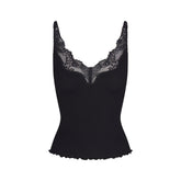 RIB KNIT LACE CAMI | OBSIDIAN FLAT ON A WHITE BACKGROUND | FLT