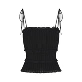 SHEER KNIT RUFFLE CAMI | ONYX FLAT ON A WHITE BACKGROUND | FLT