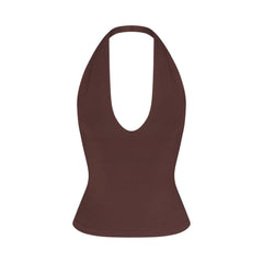 SMOOTH LAYERS HALTER TOP | COCOA FLAT ON A WHITE BACKGROUND | FLT