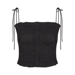 COTTON POPLIN RUFFLE CAMI | ONYX FLAT ON A WHITE BACKGROUND | FLT