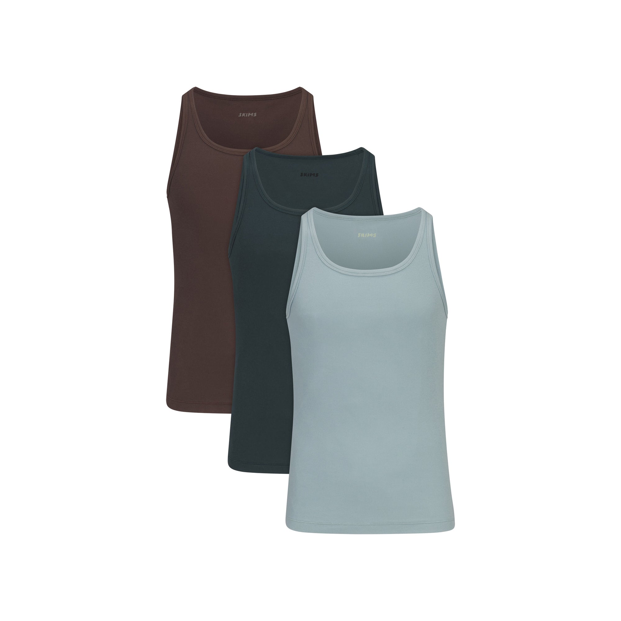SKIMS COTTON MENS RIB TANK 3-PACK | VERDANT DARK SEPIA MULTI FLAT ON A WHITE BACKGROUND | FLT @ | FOCUS: 0.0, 1.0, 0.9