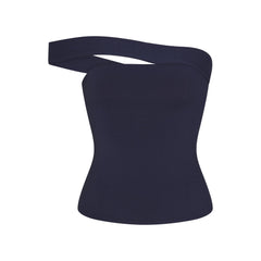 COTTON JERSEY ASYMMETRICAL TOP | NAVY FLAT ON A WHITE BACKGROUND | FLT