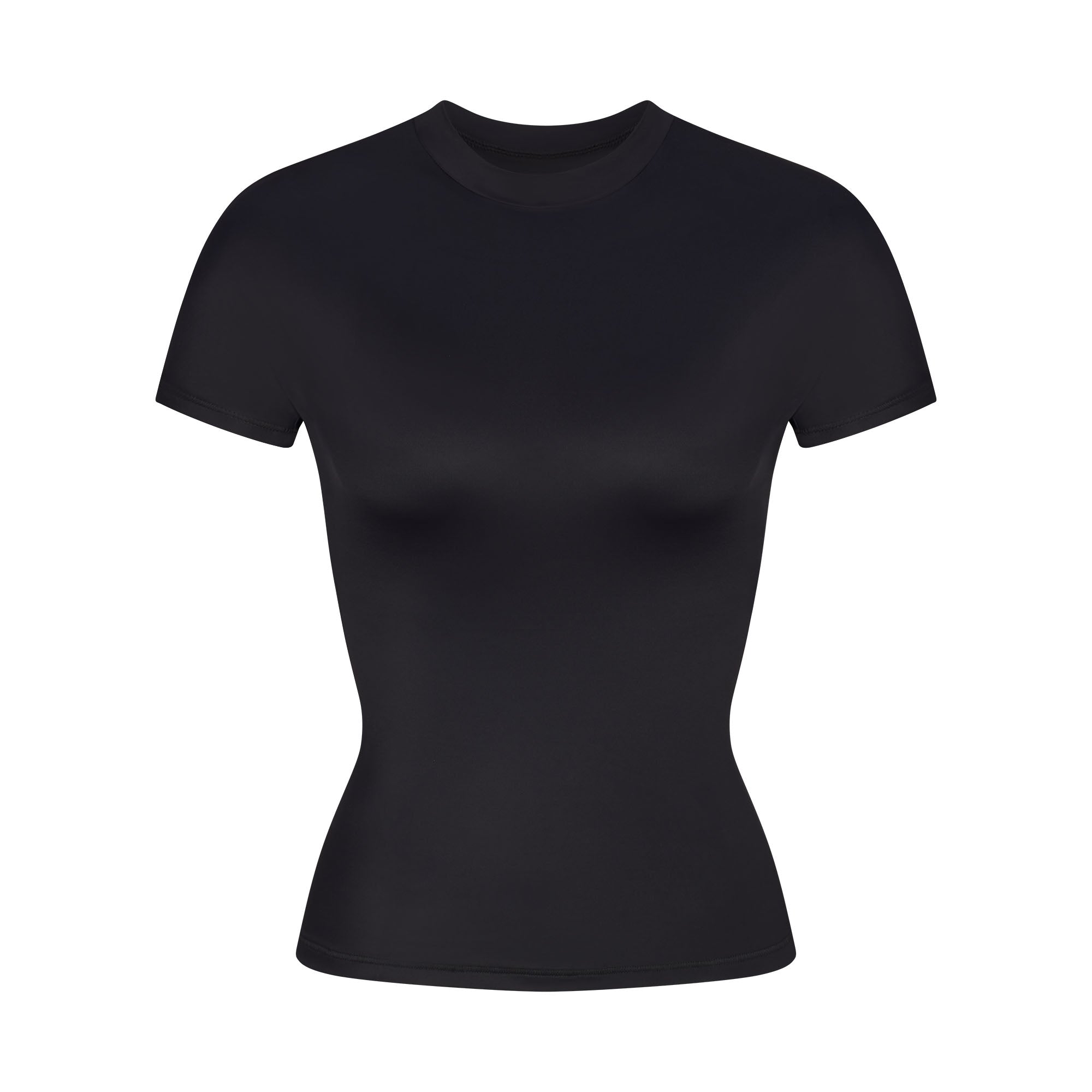 NikeSKIMS SHINE SHORT SLEEVE MOCK NECK TOP | OBSIDIAN FLAT ON A WHITE BACKGROUND | FLT