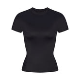 NikeSKIMS SHINE SHORT SLEEVE MOCK NECK TOP | OBSIDIAN FLAT ON A WHITE BACKGROUND | FLT
