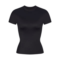 NikeSKIMS SHINE SHORT SLEEVE MOCK NECK TOP | OBSIDIAN FLAT ON A WHITE BACKGROUND | FLT