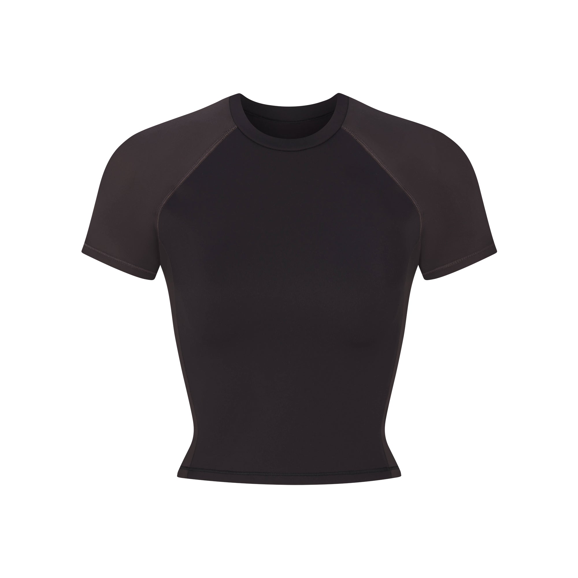 NikeSKIMS MATTE AND SHINE CREWNECK CROP SHORT SLEEVE | OBSIDIAN/IGNEOUS FLAT ON A WHITE BACKGROUND | FLT