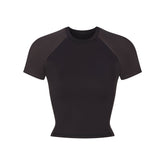 NikeSKIMS MATTE AND SHINE CREWNECK CROP SHORT SLEEVE | OBSIDIAN/IGNEOUS FLAT ON A WHITE BACKGROUND | FLT