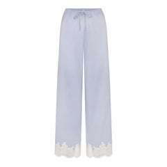 SILK LACE STRAIGHT LEG PANT | PERIWINKLE CONTRAST FLAT ON A WHITE BACKGROUND | FLT