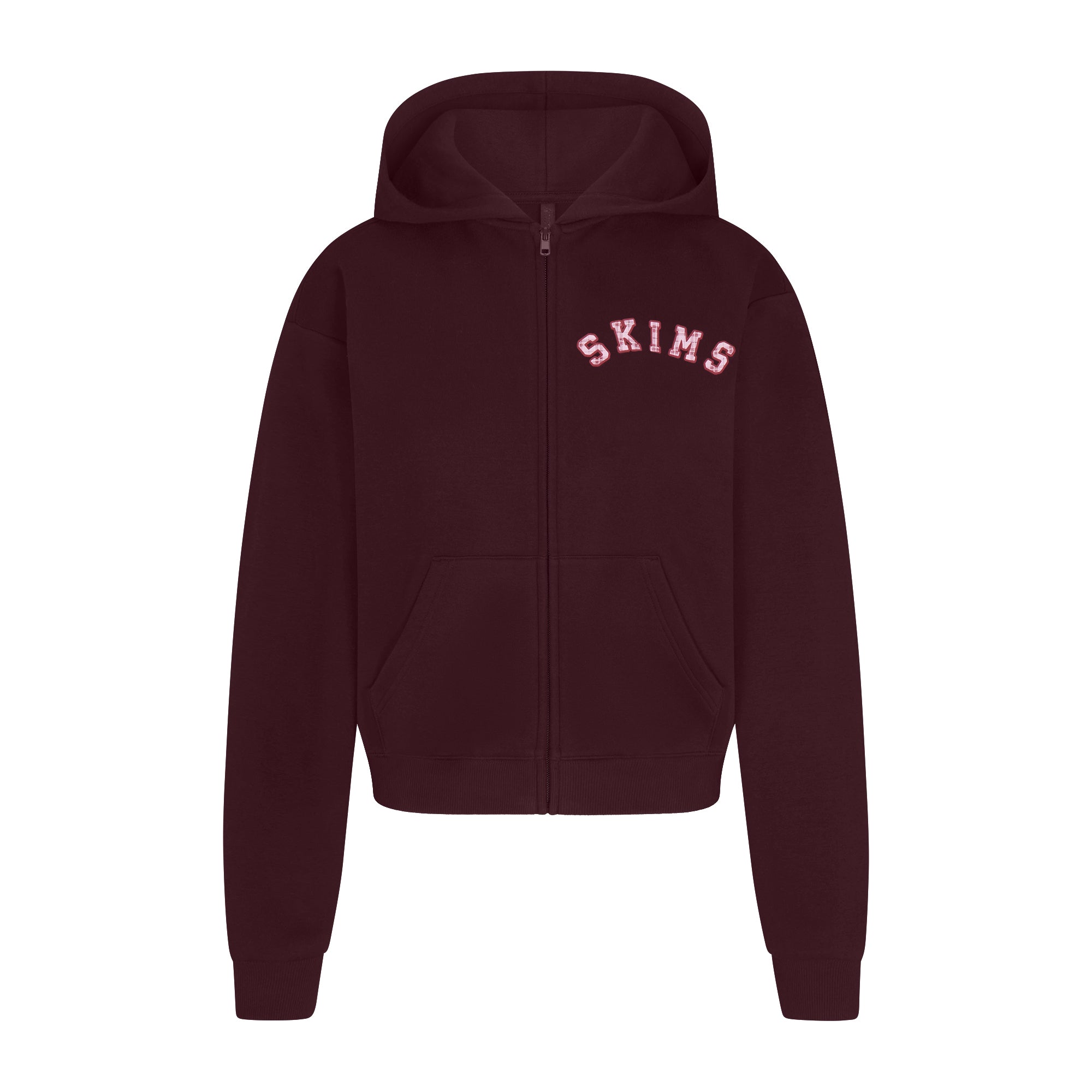 COTTON FLEECE CLASSIC ZIP UP HOODIE | CURRANT ARCHED SKIMS PLAID & LAYS FLAT ON A WHITE BACKGROUND | FLT