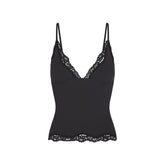 FITS EVERYBODY LACE TRIANGLE CAMI | ONYX (CAMIS, TOPS) FLAT ON A WHITE BACKGROUND | FLT