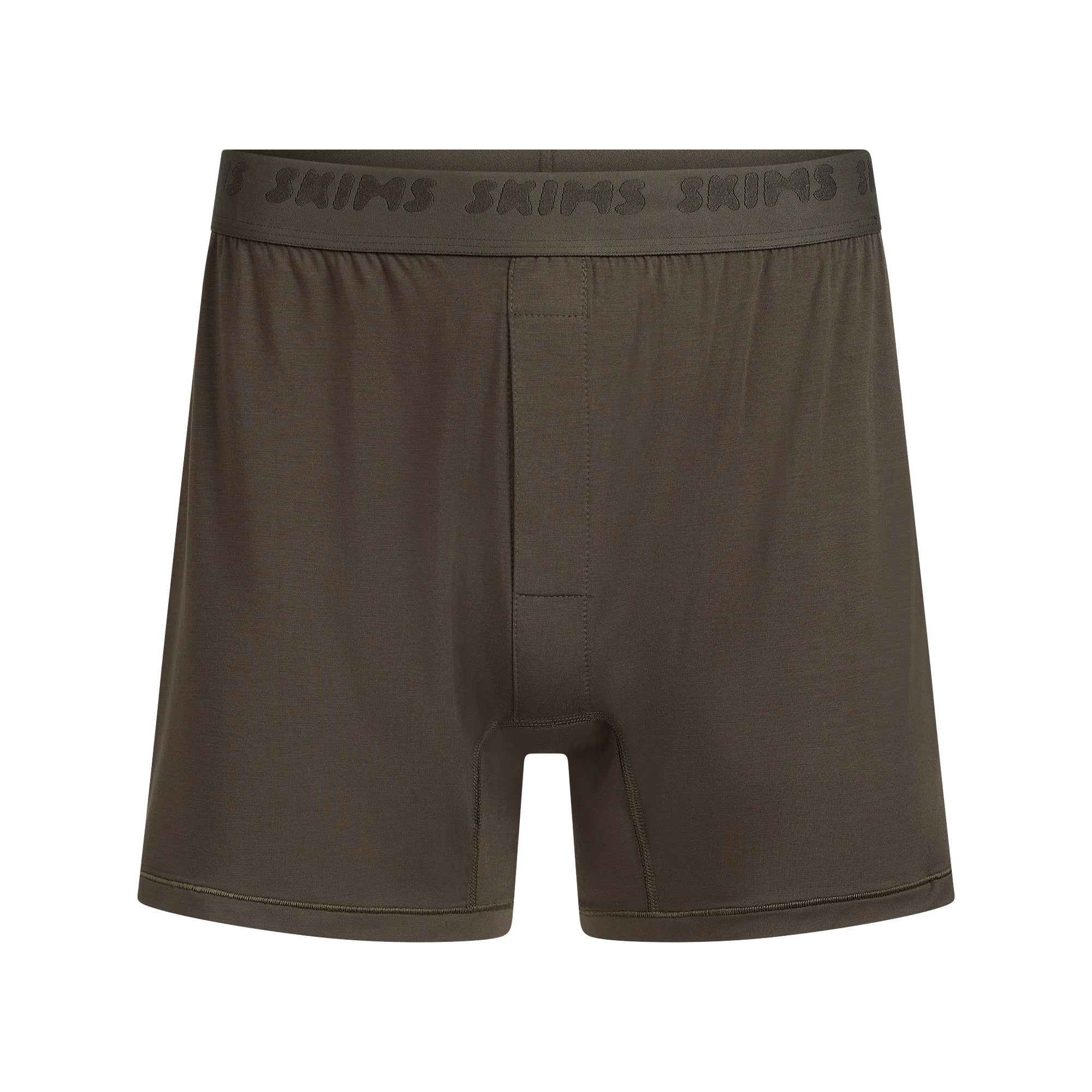 SKIMS STRETCH MENS KNIT BOXER | LODEN FLAT ON A WHITE BACKGROUND | FLT