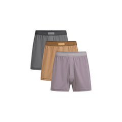 SKIMS COTTON MENS KNIT BOXER 3-PACK | RUSSET MULTI FLAT ON A WHITE BACKGROUND | FLT | FOCUS: 0.0, 1.0, 0.9