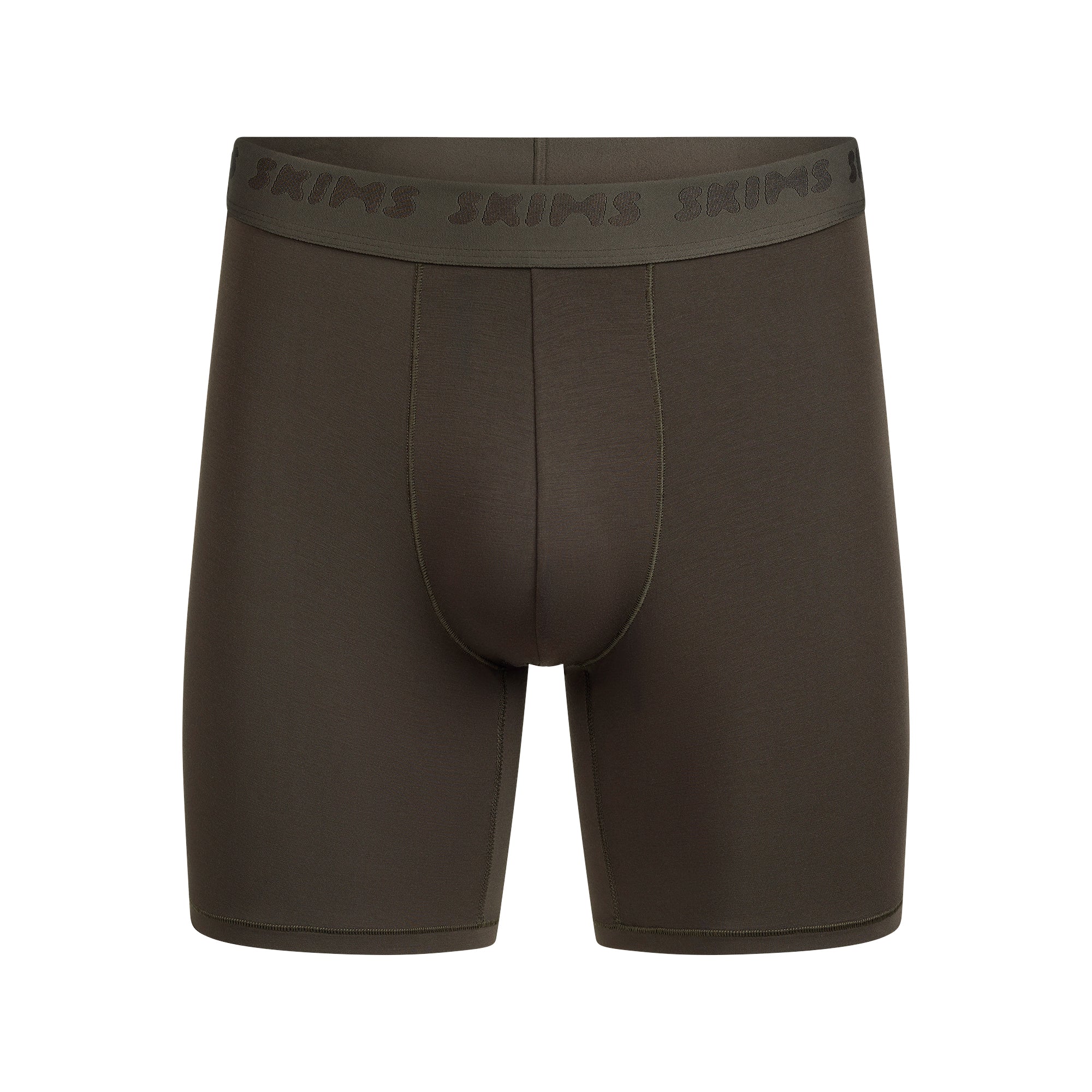 SKIMS STRETCH MENS 5" BOXER BRIEF | LODEN FLAT ON A WHITE BACKGROUND | FLT