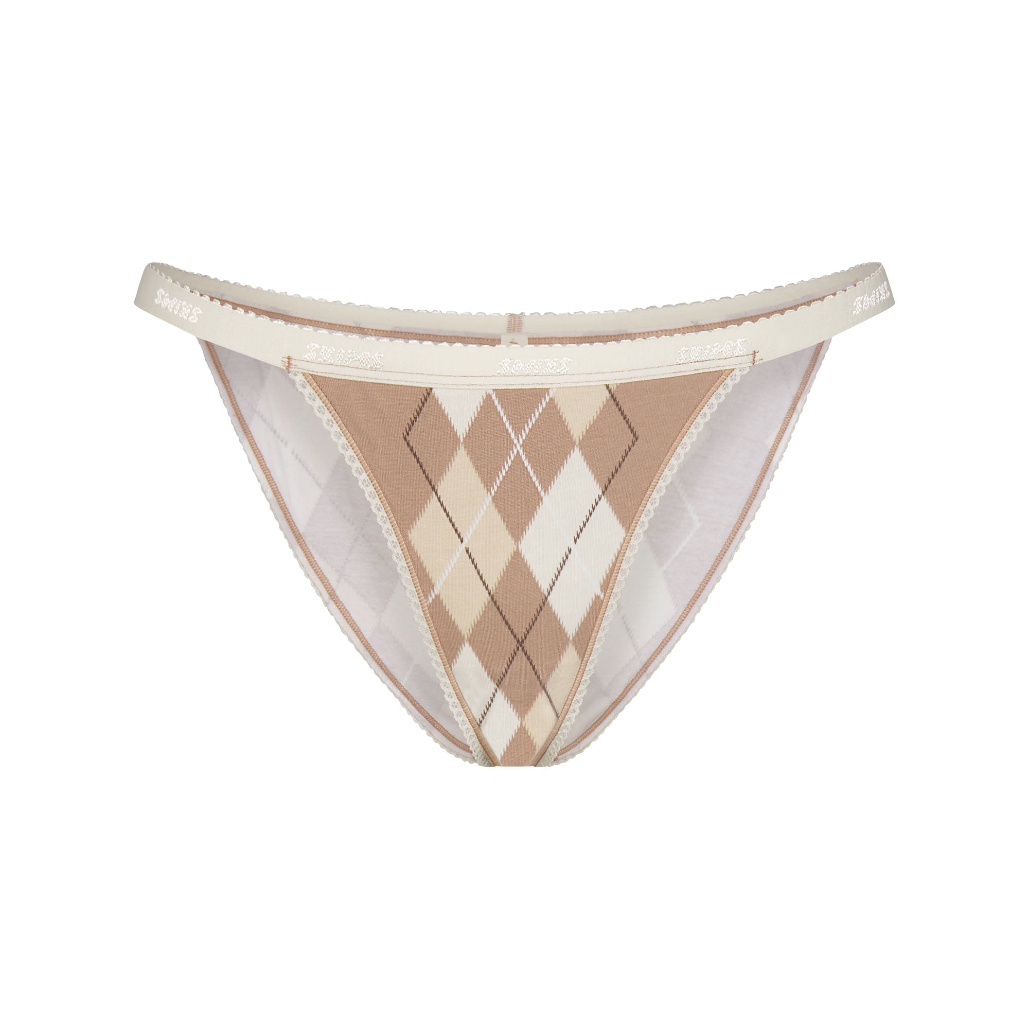 LIGHTWEIGHT COTTON LOGO PICOT STRING BIKINI | CAFE ARGYLE PRINT & LAYS FLAT ON A WHITE BACKGROUND | FLT