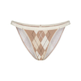 LIGHTWEIGHT COTTON LOGO PICOT STRING BIKINI | CAFE ARGYLE PRINT & LAYS FLAT ON A WHITE BACKGROUND | FLT