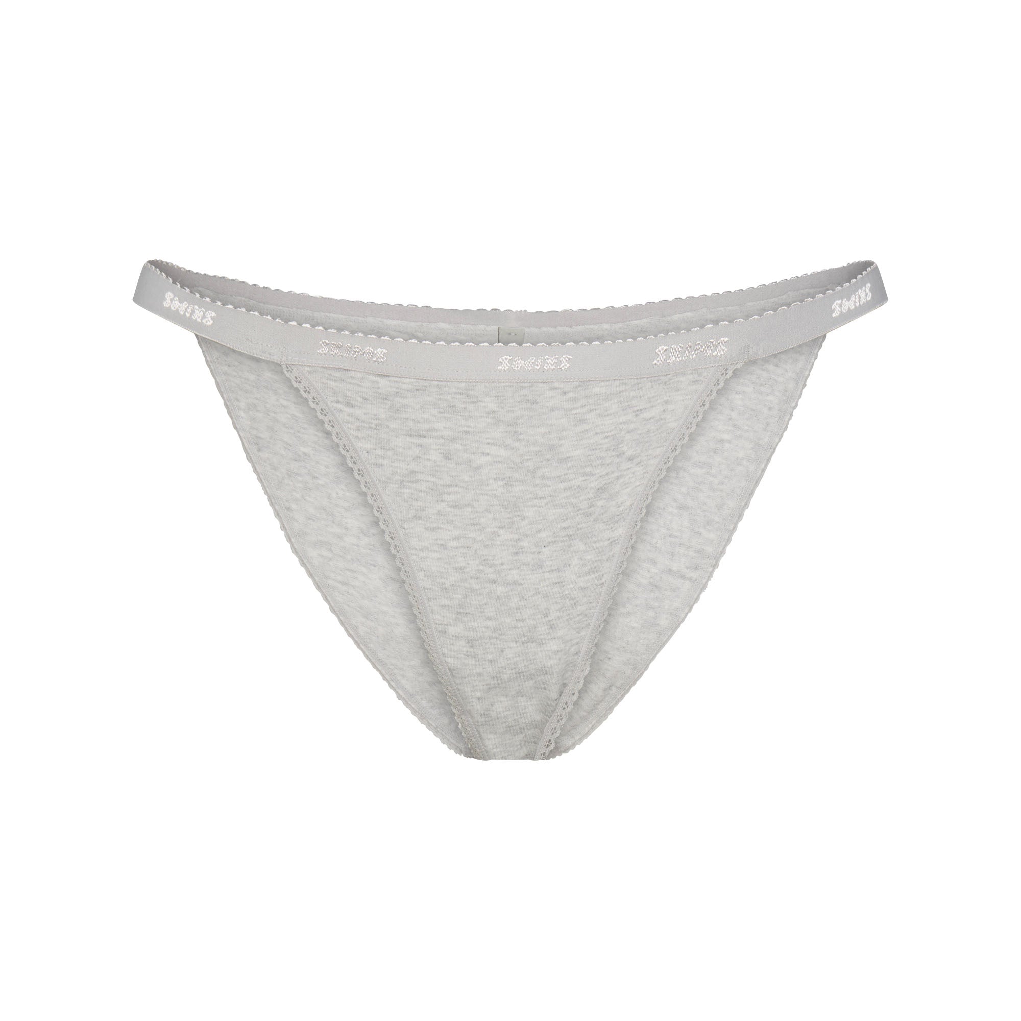 LIGHTWEIGHT COTTON LOGO PICOT STRING BIKINI | LIGHT HEATHER GREY FLAT ON A WHITE BACKGROUND | FLT