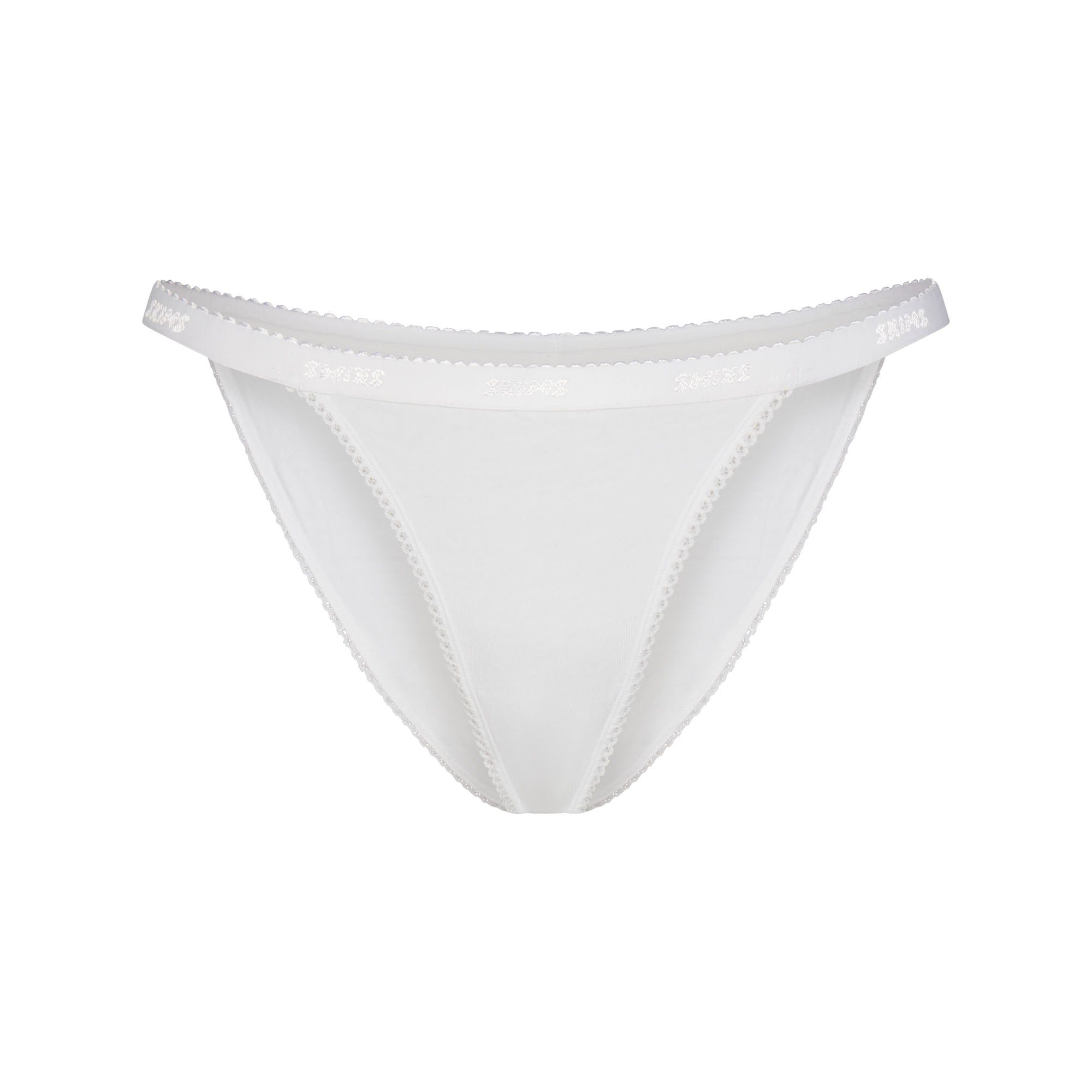 LIGHTWEIGHT COTTON LOGO PICOT STRING BIKINI | SNOW FLAT ON A WHITE BACKGROUND | FLT
