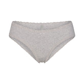 LIGHTWEIGHT COTTON POINTELLE LACE BRIEF | LIGHT HEATHER GREY LAYS FLAT ON A WHITE BACKGROUND | FLT