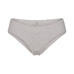 LIGHTWEIGHT COTTON POINTELLE LACE BRIEF | LIGHT HEATHER GREY LAYS FLAT ON A WHITE BACKGROUND | FLT