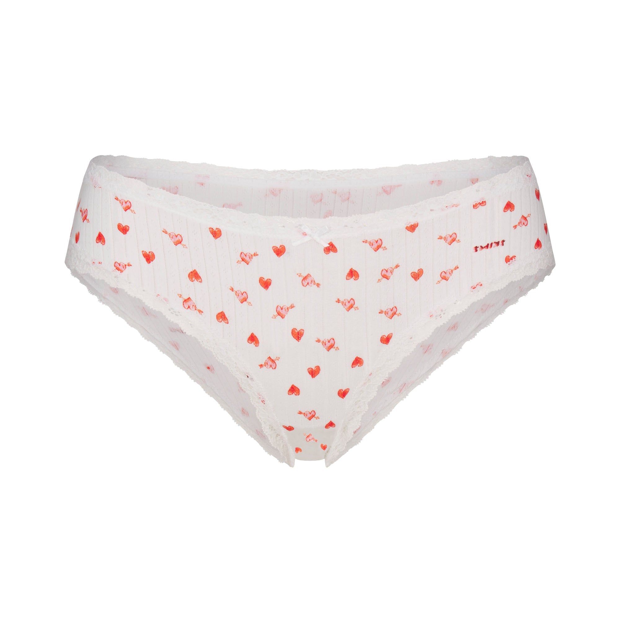 LIGHTWEIGHT COTTON POINTELLE LACE BRIEF | SNOW ARROWED HEARTS FLAT ON A WHITE BACKGROUND | FLT