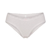 LIGHTWEIGHT COTTON POINTELLE LACE BRIEF | SNOW PEONY PIN DOT FLAT ON A WHITE BACKGROUND | FLT
