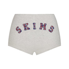 COTTON JERSEY LOGO BOY SHORT | LHG ARCHED SKIMS PLAID & LAYS FLAT ON A WHITE BACKGROUND | FLT