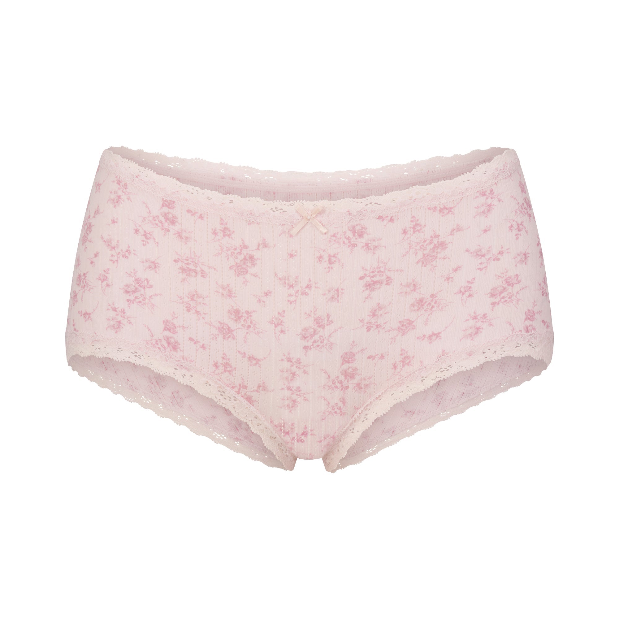 LIGHTWEIGHT COTTON POINTELLE LACE BOY SHORT | BLOOM DAINTY FLORAL FLAT ON A WHITE BACKGROUND | FLT
